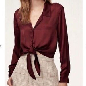 Aritzia Tie Front Satin Blouse Burgundy